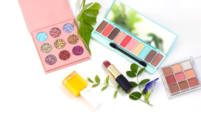Set of decorative  fashion beauty cosmetics with colors Pastel of spring set collection image  on white background