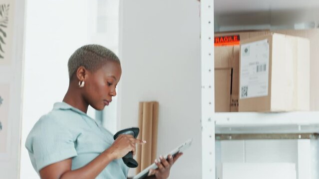Logistics worker with digital barcode scanner, checking stock in warehouse and black woman inventory on tablet. Supply chain industry, package box in shipping factory and courier for distribution