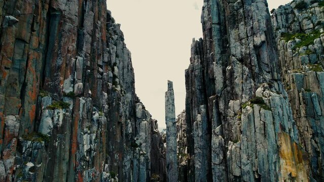Cape Hauy Drone Flying Past Single Dolerite in Tasmania, Australia