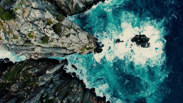 Cape Hauy Drone Flys Down Cliffs to Sea in Tasmania, Australia