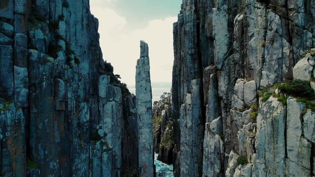 Cape Hauy Drone Flys Close Up Dolerite Columns in Tasmania, Australia