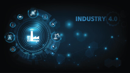 Industrial Revolution 4.0. Sci Fi hologram and 3D numbers with conceptual icons. Industry 4.0 concept intelligence robotics, physical systems) Vector illustrator