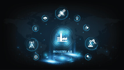 Industrial Revolution 4.0. Sci Fi hologram and 3D numbers with conceptual icons. Industry 4.0 concept intelligence robotics, physical systems) Vector illustrator