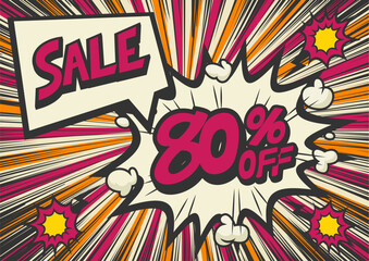 Fototapeta premium 80 Percent OFF Discount on a Comics style bang shape background. Pop art comic discount promotion banners.
