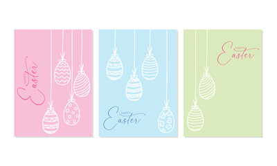 Set of minimal card for Easter. Happy Easter card with hand draw eggs on pastel color. Vector illustration.