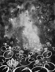 Mystic white lotus flower line art on white and black watercolor, leaves and tropical foliage. Abstract outer space endless nebula galaxy background. Hand drawn botanical leaves line art background.