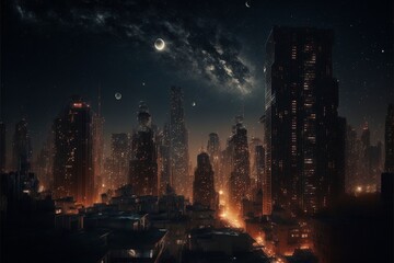 An illuminated skyline of a busy urban cityscape, illustration, Ai generative
