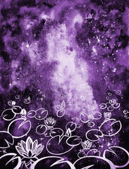 Mystic white lotus flower line art on violet watercolor, leaves and tropical foliage. Abstract outer space endless nebula galaxy background. Hand drawn botanical leaves line art background.