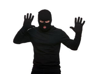 Thief in a mask on a white background.