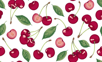 Cherry seamless pattern on white background. Ripe cherries with green leaves. The design is great for wallpaper, fabric, labels, packaging.