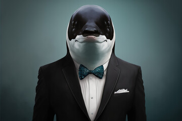 Portrait of a killer whale dressed in a formal business suit, generative ai