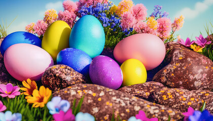 Fototapeta na wymiar Vibrant Easter Celebrations captured in stunning still life, featuring colorful eggs and traditional decorations. Generative AI