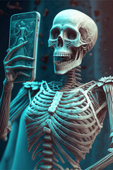 Funny Skeleton Taking Selfie on Phone, generative ai