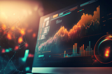 Obraz na płótnie Canvas Stock market business and investing concept with rising forex market candlestick and diagram on modern laptop perspective view background, double exposure. ai generative.