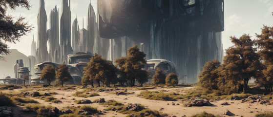 Futuristic structures amidst breathtaking landscape, showcasing advanced building technology. Generative AI
