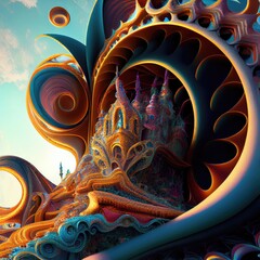 Fantasy fractal world, ethereal colorful background, strange flowing dreamlike shapes and patterns - generative ai