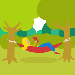Girl resting in a hammock and reading book PNG illustration with transparent background