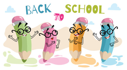 Back to school banner template. Funny pencils in glasses characters on the bright colorful background. Kawaii chidi style.
