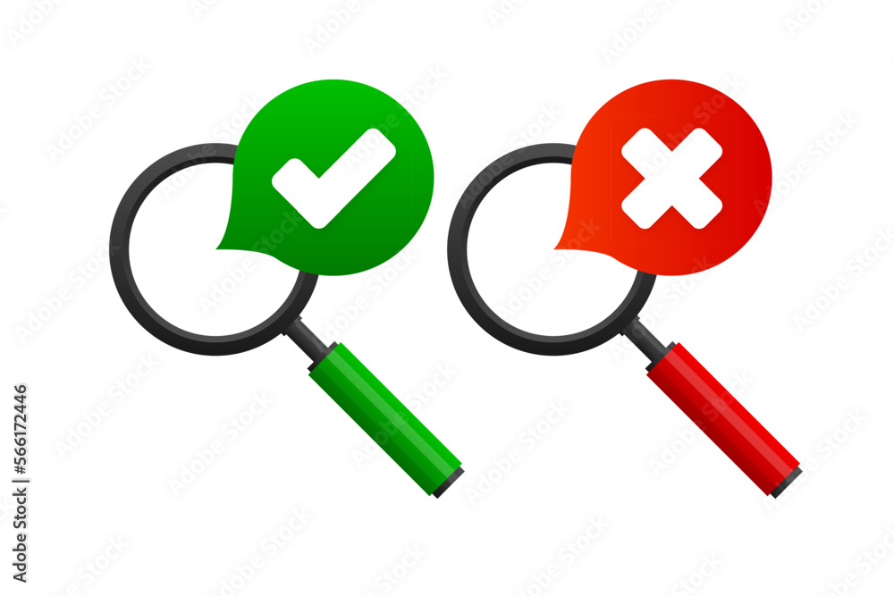 Poster magnifying glass with check marks. green and red sign with a tick and cross. yes and no sign. vector