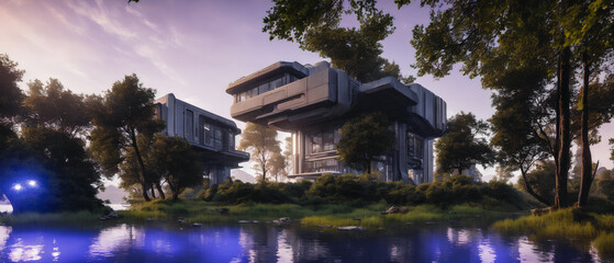 Futuristic structures amidst breathtaking landscape, showcasing advanced building technology. Generative AI
