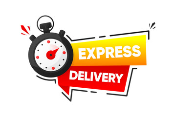 Fototapeta na wymiar Express Delivery. Red ribbon with clock and express delivery inscription. Banner for retail, delivery, shop, social media, advertising. Modern design. Vector illustration.