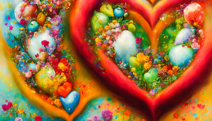 Vibrant hearts amidst a diverse bouquet, Valentine's Day atmosphere. Generative AI