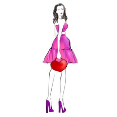 Fototapeta premium A Girl, a lady in a pink dress. Illustration for Saint Valentines Day. Character design and decorative objects