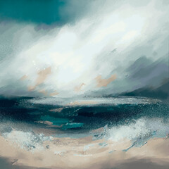 A digital painting of an abstract seascape with crashing waves