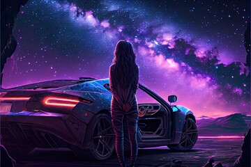 A man standing next to a super sports car staring into a starry night sky filled with stars and distant planets, cyberpunk concept art - generative ai