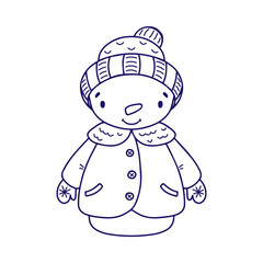 Cute cartoon snowman, Christmas decoration. Vector outline illustration, isolated on a white background. Concept for children print. Coloring book page.
