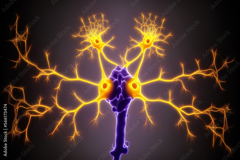 Poster neuron cells shown conceptually with glowing connection knots. synapses and neurons communicating wi