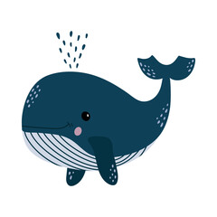Cute funny whale. Vector illustration, isolated on a white background. Scandinavian style flat design. Concept for children print.