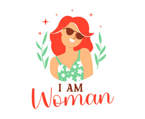 am Woman. The card with girl and lettering slogan