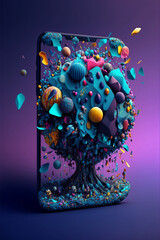 mobile phone with abstract dobjects on color background, social media marketing concept