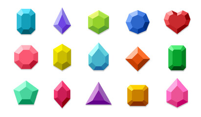 Set of colored crystals. Colorful jewels. Diamonds in cartoon style. Precious stones, jewelry.