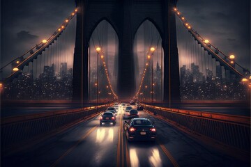 Fototapeta na wymiar Brooklyn Bridge, with the majestic structure illuminated by the lights, Ai Genrative