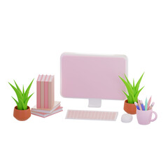 3d rendering of minimal computer on display for mockup and Plant on Purple pastel background. Book and Pencil near computer Pc.