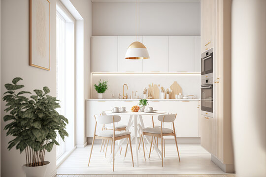 Interior design of the spacious, cheerful studio apartment in the Scandinavian style. Modern touches in the kitchen and fashionable furniture, Generative AI