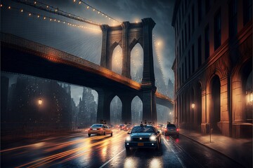 Brooklyn Bridge, with the majestic structure illuminated by the lights
