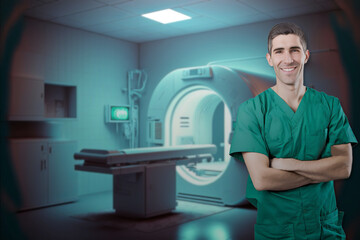 A fictional radiologist doctor in a mri scanner hospital room .Illustration of a medical person generated by AI.