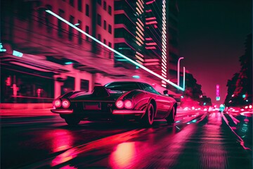 Fototapeta premium Sports car driving fast on the street in a cyberpunk city illuminated with pink and purple neon lights, action shot - generative ai
