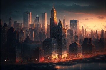 A photorealistic impressive view of a cityscape at night featuring tall skyscrapers, illustrations, Ai generative