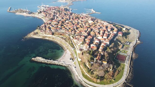 Amazing Aerial Sunrise view town of Nessebar, Burgas Region, Bulgaria 