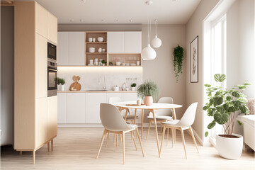 Fototapeta na wymiar Interior design of the spacious, Modern touches in the kitchen and fashionable furniture, Generative AI