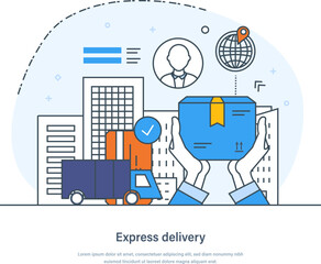 Express delivery, fast online delivery service, city logistics concept. Online order, e-commerce. Goods ordering in internet and delivering to customers thin line design of vector doodles