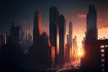 Fototapeta na wymiar A illuminated night skyline of a city, illustration, Ai generative