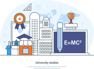 University studies, education, learning, professional seminars and courses web banner. Training course, specialization and university studies thin line design of vector doodles