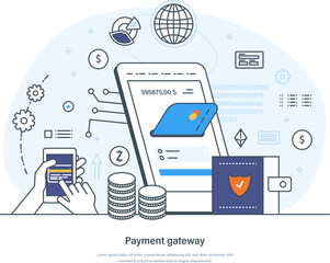 Payment gateway process, online shopping, security, e-commerce concept. Secure payment methods financial business operations. Management, finance, economic concept thin line design of vector doodles