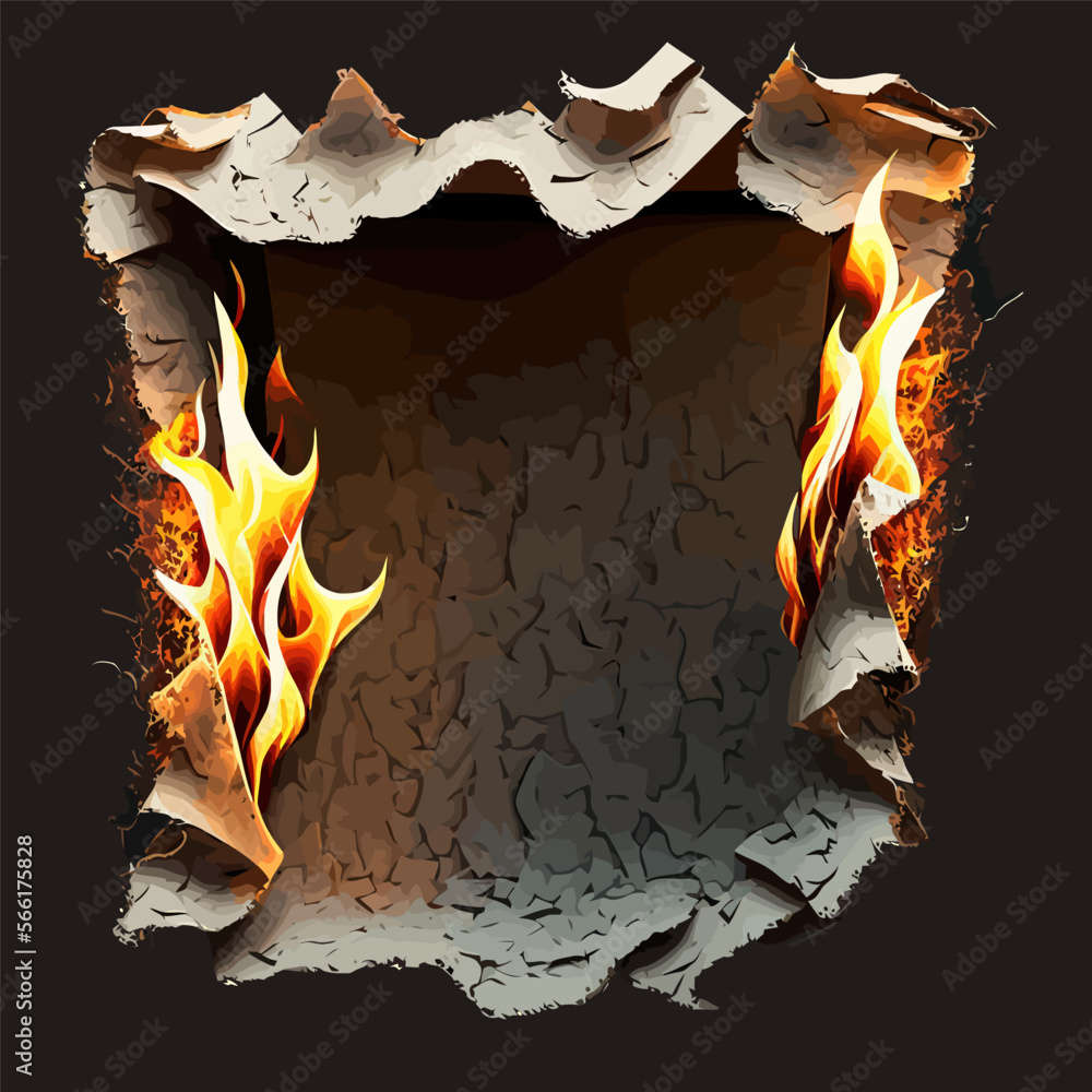 Poster burn paper holes and borders, burnt page with smoldering fire on charred uneven edges, parchment she