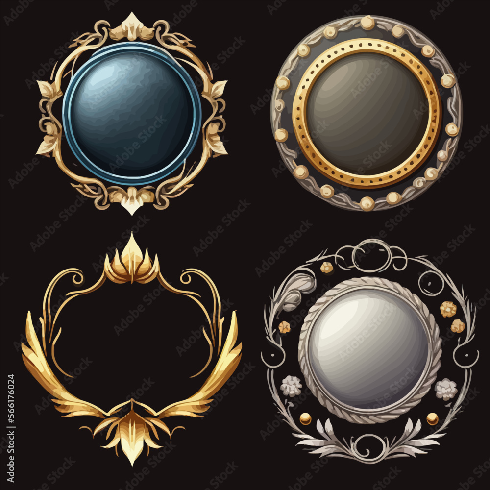 Poster empty circle silver and gold frames in medieval style for game ui design. isolated on background. ve